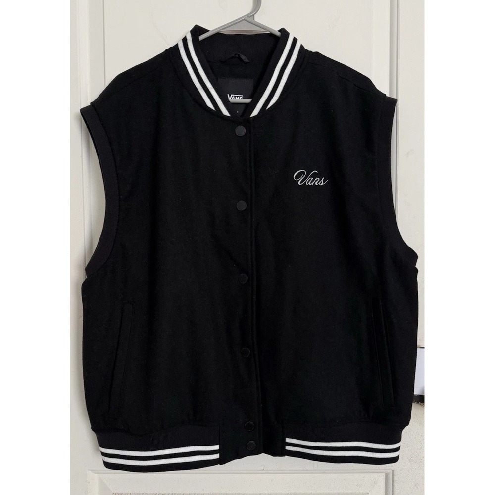 Vans Womens Vest Piper Stadium Size L Black Snap Wool Embroidered Skater Grunge